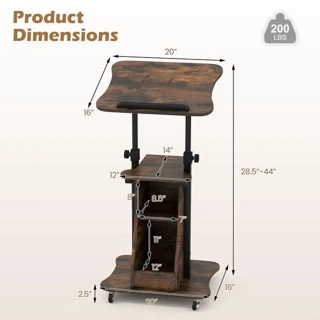 Alt view image 4 of 7 - Mobile Lectern Podium, Height Adjustable Podium Stand, Sit-to-Stand Desk with Tilting Tabletop & Storage Shelves, Rolling Laptop Cart Desk with Lockable Casters for Home Office School