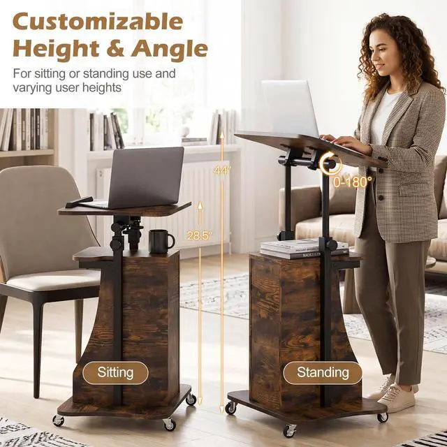 Alt view image 5 of 7 - Mobile Lectern Podium, Height Adjustable Podium Stand, Sit-to-Stand Desk with Tilting Tabletop & Storage Shelves, Rolling Laptop Cart Desk with Lockable Casters for Home Office School