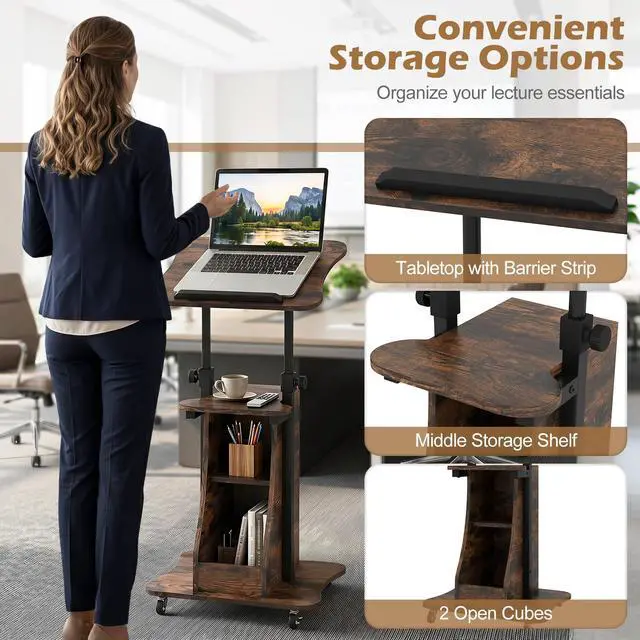 Alt view image 6 of 7 - Mobile Lectern Podium, Height Adjustable Podium Stand, Sit-to-Stand Desk with Tilting Tabletop & Storage Shelves, Rolling Laptop Cart Desk with Lockable Casters for Home Office School
