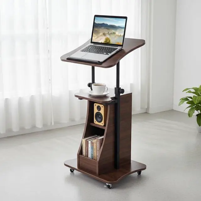 Alt view image 2 of 7 - Mobile Lectern Podium, Height Adjustable Podium Stand, Sit-to-Stand Desk with Tilting Tabletop & Storage Shelves, Rolling Laptop Cart Desk with Lockable Casters for Home Office School (Brown)