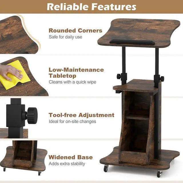 Alt view image 7 of 7 - Mobile Lectern Podium, Height Adjustable Podium Stand, Sit-to-Stand Desk with Tilting Tabletop & Storage Shelves, Rolling Laptop Cart Desk with Lockable Casters for Home Office School