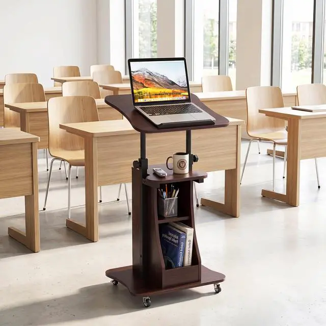 Alt view image 3 of 7 - Mobile Lectern Podium, Height Adjustable Podium Stand, Sit-to-Stand Desk with Tilting Tabletop & Storage Shelves, Rolling Laptop Cart Desk with Lockable Casters for Home Office School (Brown)