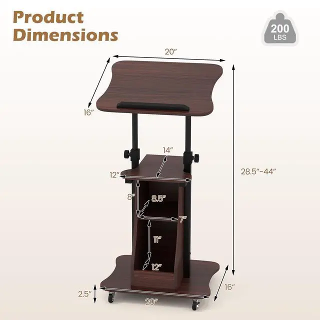 Alt view image 4 of 7 - Mobile Lectern Podium, Height Adjustable Podium Stand, Sit-to-Stand Desk with Tilting Tabletop & Storage Shelves, Rolling Laptop Cart Desk with Lockable Casters for Home Office School (Brown)