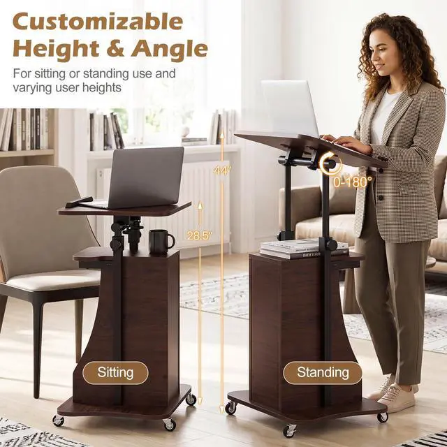 Alt view image 5 of 7 - Mobile Lectern Podium, Height Adjustable Podium Stand, Sit-to-Stand Desk with Tilting Tabletop & Storage Shelves, Rolling Laptop Cart Desk with Lockable Casters for Home Office School (Brown)