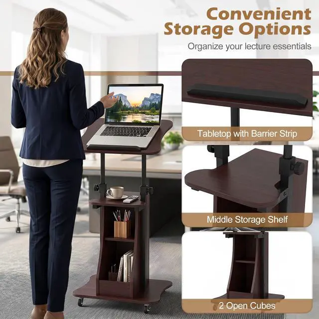 Alt view image 6 of 7 - Mobile Lectern Podium, Height Adjustable Podium Stand, Sit-to-Stand Desk with Tilting Tabletop & Storage Shelves, Rolling Laptop Cart Desk with Lockable Casters for Home Office School (Brown)