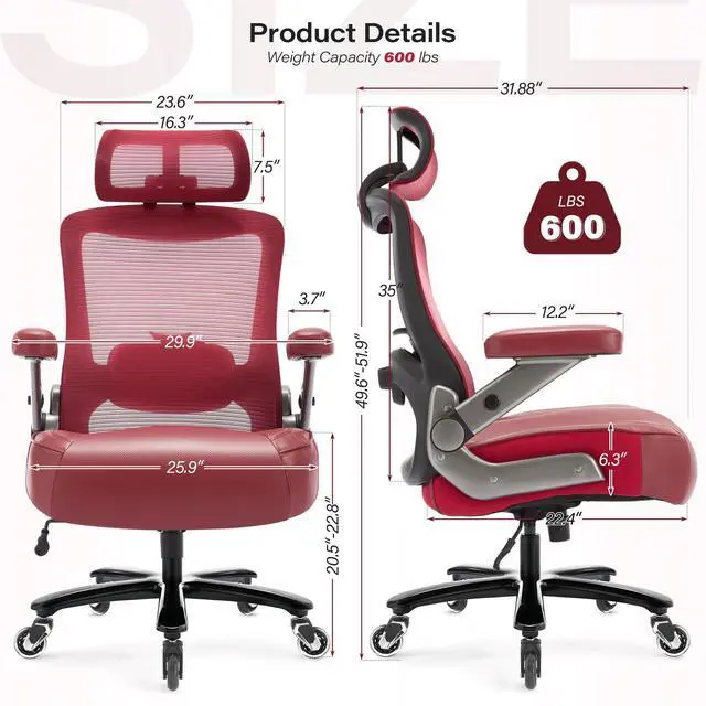 Alt view image 3 of 7 - 600lbs Big and Tall Office Chair, Heavy Duty Executive Computer Desk Chair | 3D Flip Arms, Large Wheels, Ergonomic Design, Extra Wide Seat, Adjustable Lumbar Support&Headrest, Mesh High Back Chair