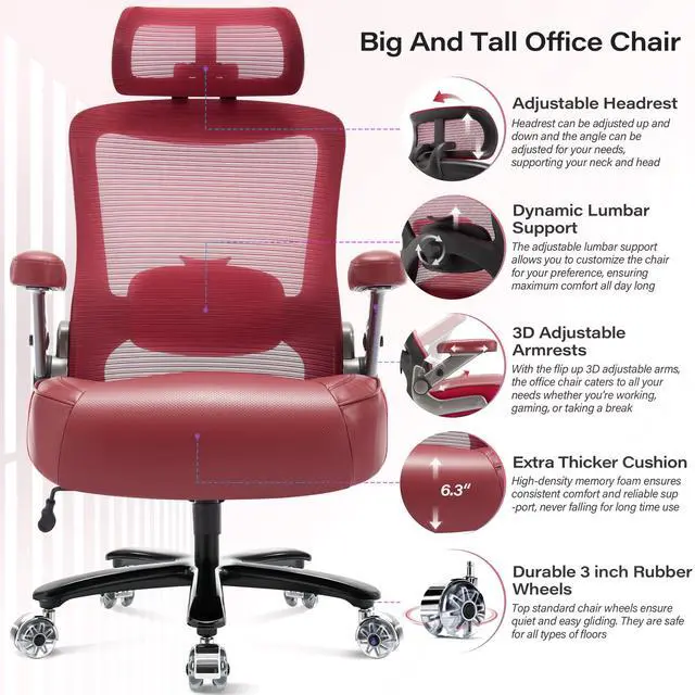 Alt view image 4 of 7 - 600lbs Big and Tall Office Chair, Heavy Duty Executive Computer Desk Chair | 3D Flip Arms, Large Wheels, Ergonomic Design, Extra Wide Seat, Adjustable Lumbar Support&Headrest, Mesh High Back Chair
