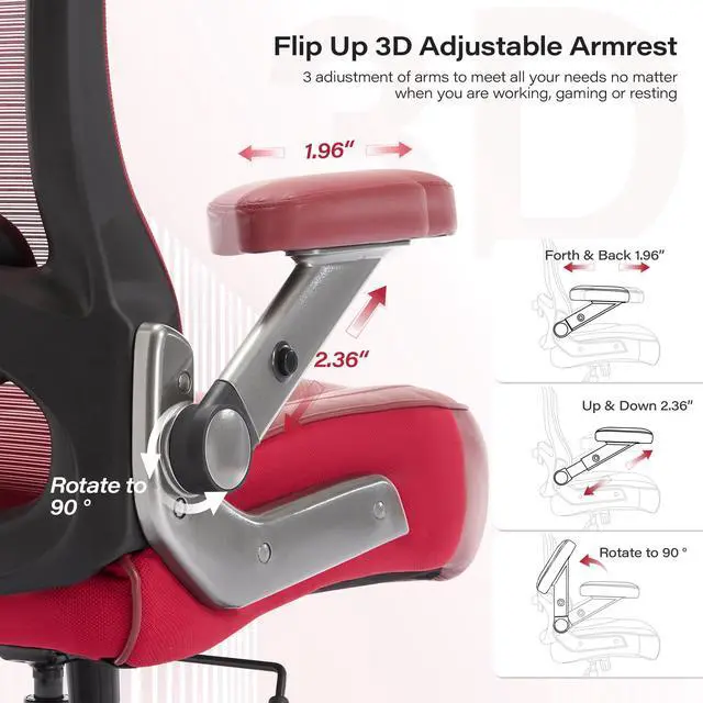 Alt view image 5 of 7 - 600lbs Big and Tall Office Chair, Heavy Duty Executive Computer Desk Chair | 3D Flip Arms, Large Wheels, Ergonomic Design, Extra Wide Seat, Adjustable Lumbar Support&Headrest, Mesh High Back Chair