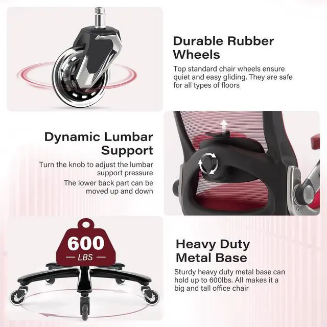 Alt view image 6 of 7 - 600lbs Big and Tall Office Chair, Heavy Duty Executive Computer Desk Chair | 3D Flip Arms, Large Wheels, Ergonomic Design, Extra Wide Seat, Adjustable Lumbar Support&Headrest, Mesh High Back Chair