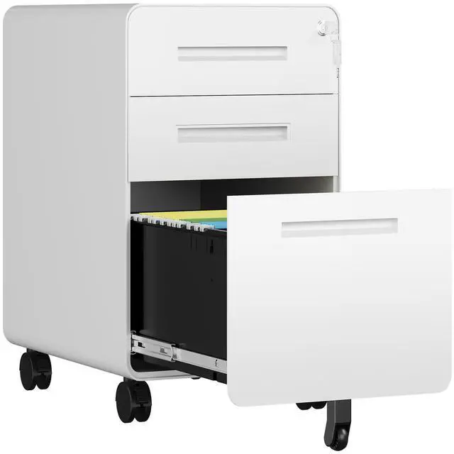 Main image of 3 Drawer File Cabinet, Fully Assembled Mobile File Cabinets with Lock for Home Office, Metal Rolling Filing Caninet on Wheels, Three Drawer Under Desk Cabnet for Letter/Legal / A4 - White