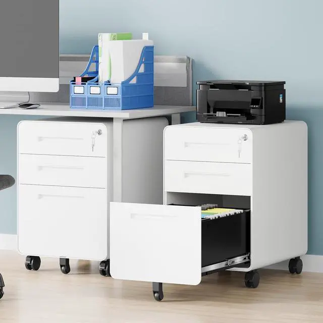Alt view image 2 of 7 - 3 Drawer File Cabinet, Fully Assembled Mobile File Cabinets with Lock for Home Office, Metal Rolling Filing Caninet on Wheels, Three Drawer Under Desk Cabnet for Letter/Legal / A4 - White
