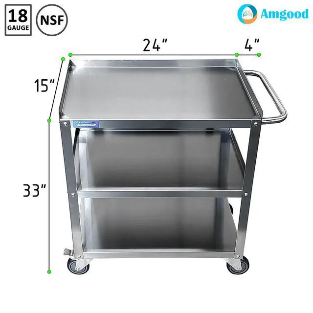 Alt view image 2 of 5 - 15 in. Wide X 24 in. Long X 33 in High | 3 Shelf Metal Utility Cart on Wheels with Handle