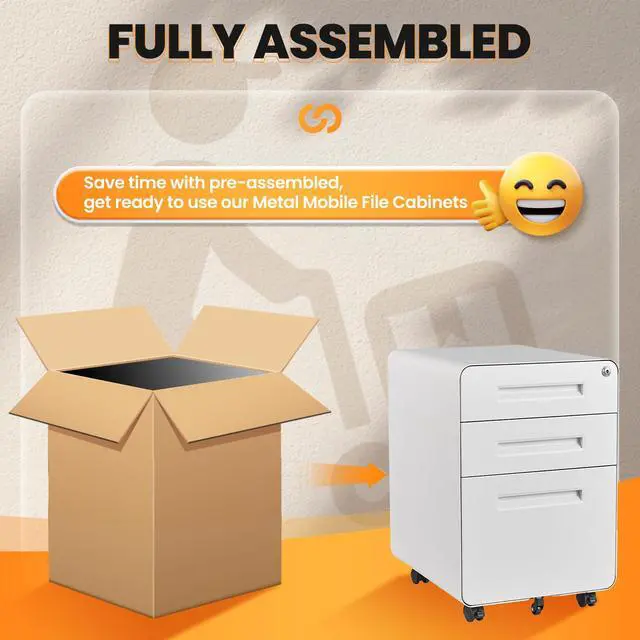 Alt view image 4 of 7 - 3 Drawer File Cabinet, Fully Assembled Mobile File Cabinets with Lock for Home Office, Metal Rolling Filing Caninet on Wheels, Three Drawer Under Desk Cabnet for Letter/Legal / A4 - White
