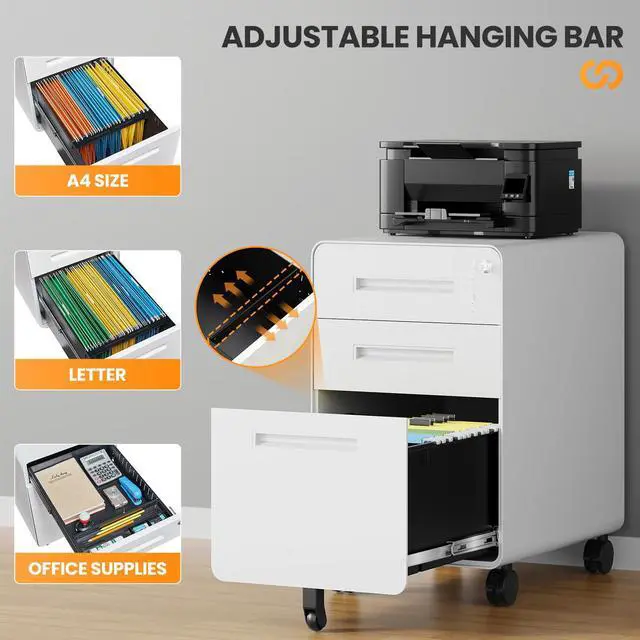 Alt view image 6 of 7 - 3 Drawer File Cabinet, Fully Assembled Mobile File Cabinets with Lock for Home Office, Metal Rolling Filing Caninet on Wheels, Three Drawer Under Desk Cabnet for Letter/Legal / A4 - White