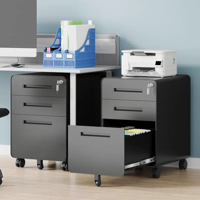 Alt view image 2 of 7 - 3 Drawer File Cabinet, Fully Assembled Mobile File Cabinets with Lock for Home Office, Metal Rolling Filing Caninet on Wheels, Three Drawer Under Desk Cabnet for Letter/Legal / A4 - Black