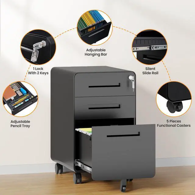 Alt view image 6 of 7 - 3 Drawer File Cabinet, Fully Assembled Mobile File Cabinets with Lock for Home Office, Metal Rolling Filing Caninet on Wheels, Three Drawer Under Desk Cabnet for Letter/Legal / A4 - Black