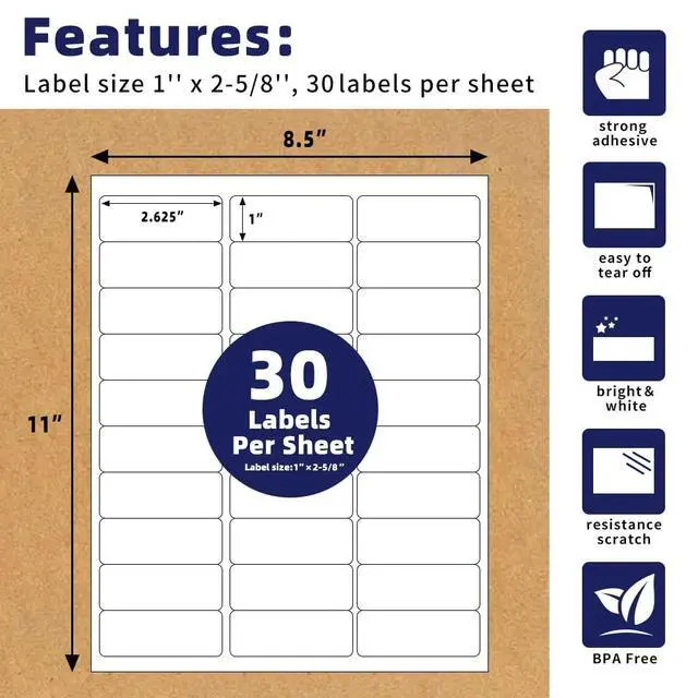 Alt view image 2 of 7 - 1" x2-5/8 Self Adhesive Address Labels, 30UP Blank Shipping Labels, FUSKU, FBA Mailing Labels for Inkjet and Laser Printer, 30000 Sticker Labels (1000 Sheets), 30 Labels per Sheet