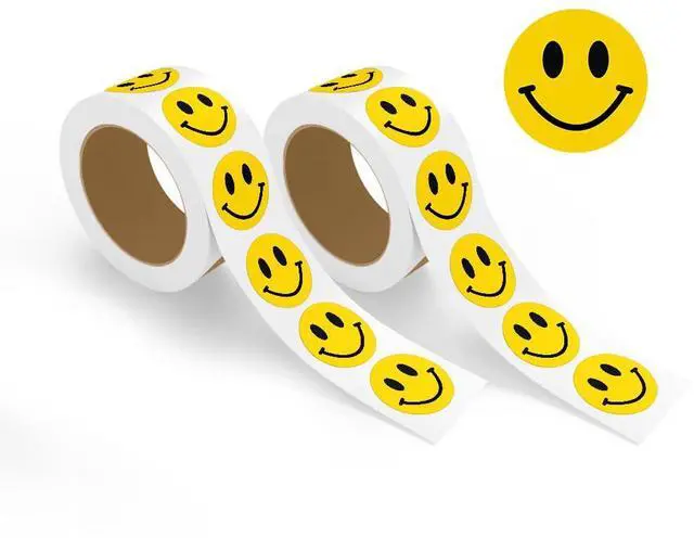 Main image of Happy Face Smile Stickers, 2" x 2" 1000 Stickers (2 Rolls of 500), Self-Adhesive Labels for Crafts, Labeling, Decorations, Rewards, Classrooms, Parties & Events, Bright, Fun and Easy to Use