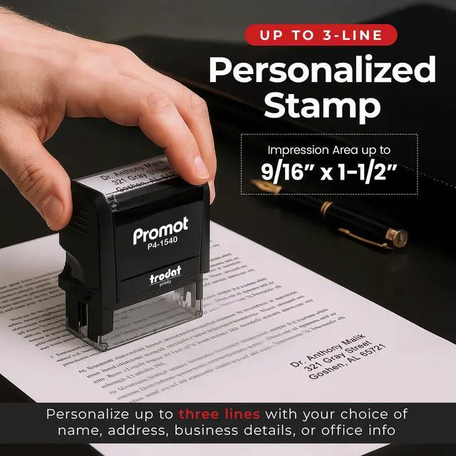 Alt view image 2 of 7 - 3-Line Self Inking Stamp (Small) - Customizable Font & Ink Color | Crisp & Consistent Impressions, Thousands of Clear Stampings, Fast One-Hand Operation, Built-In Self-Inking Mechanism