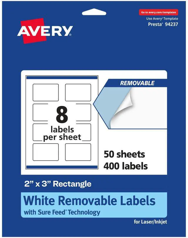 Main image of Matte White Removable Rectangle Labels, Sure Feed Technology, Print-to-The-Edge, 2" x 3", 400 Removable Labels, Laser/Inkjet Printable