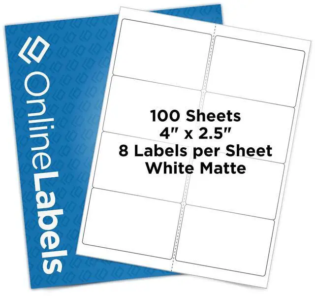 Main image of OnlineLabels 4" x 2.5" Labels - White Matte - Inkjet/Labels - 100 Sheets | Permanent Adhesive, Blank Rectangle Labels, Inkjet & Laser Compatible