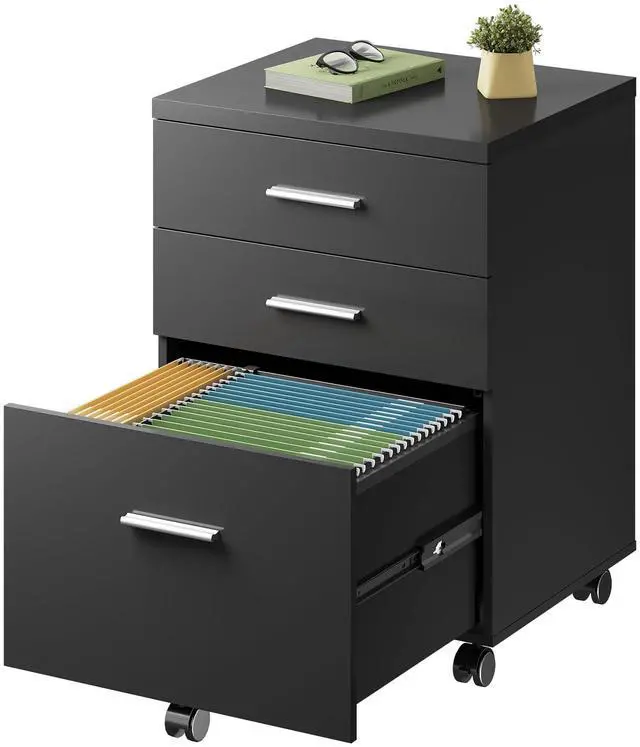 Main image of 3 Drawer File Cabinet, Wood Under Desk Filing Cabinet, Black | Rolling Printer Stand, Small Storage Cabinet with Wheels, Fits Legal/Letter/A4 Size, Home Office