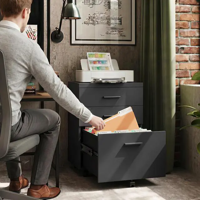 Alt view image 2 of 7 - 3 Drawer File Cabinet, Wood Under Desk Filing Cabinet, Black | Rolling Printer Stand, Small Storage Cabinet with Wheels, Fits Legal/Letter/A4 Size, Home Office