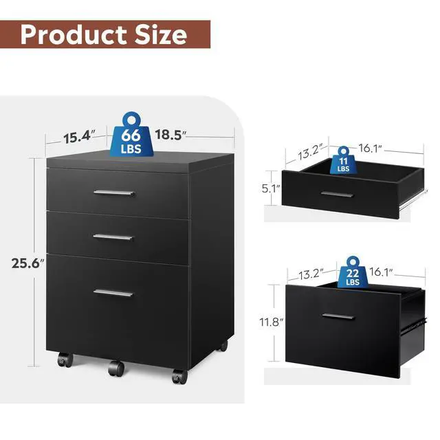 Alt view image 3 of 7 - 3 Drawer File Cabinet, Wood Under Desk Filing Cabinet, Black | Rolling Printer Stand, Small Storage Cabinet with Wheels, Fits Legal/Letter/A4 Size, Home Office