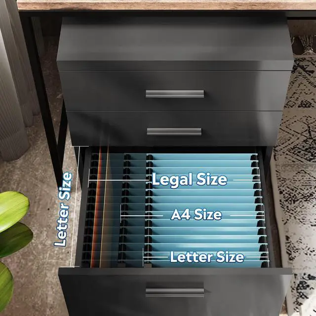 Alt view image 4 of 7 - 3 Drawer File Cabinet, Wood Under Desk Filing Cabinet, Black | Rolling Printer Stand, Small Storage Cabinet with Wheels, Fits Legal/Letter/A4 Size, Home Office