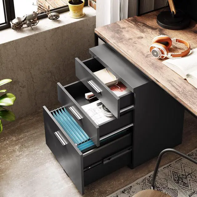 Alt view image 5 of 7 - 3 Drawer File Cabinet, Wood Under Desk Filing Cabinet, Black | Rolling Printer Stand, Small Storage Cabinet with Wheels, Fits Legal/Letter/A4 Size, Home Office