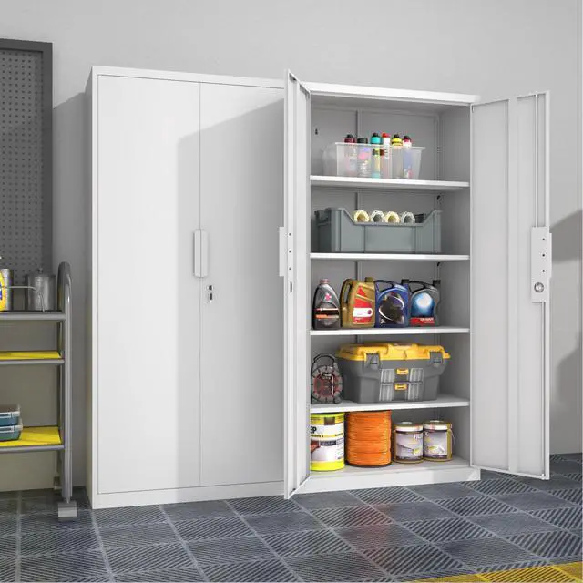 Alt view image 2 of 7 - Tall Steel Garage Storage Cabinet with Lock, 71" H Heavy Duty Metal Storage Locker with 4 Adjustable Shelves for Home, Office, White