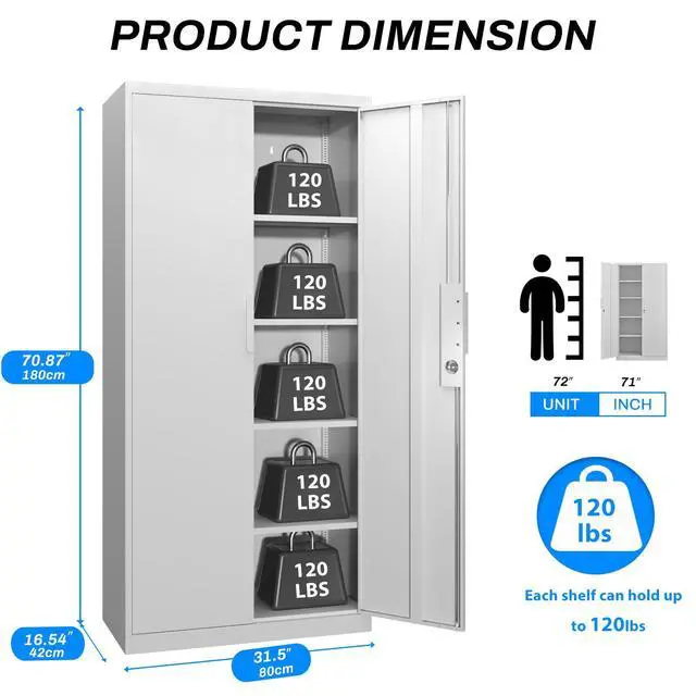Alt view image 3 of 7 - Tall Steel Garage Storage Cabinet with Lock, 71" H Heavy Duty Metal Storage Locker with 4 Adjustable Shelves for Home, Office, White