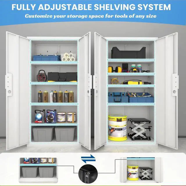 Alt view image 4 of 7 - Tall Steel Garage Storage Cabinet with Lock, 71" H Heavy Duty Metal Storage Locker with 4 Adjustable Shelves for Home, Office, White