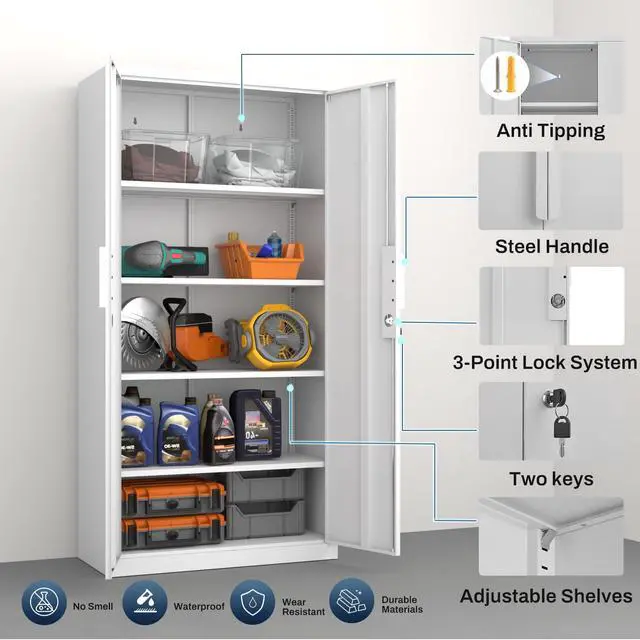 Alt view image 7 of 7 - Tall Steel Garage Storage Cabinet with Lock, 71" H Heavy Duty Metal Storage Locker with 4 Adjustable Shelves for Home, Office, White