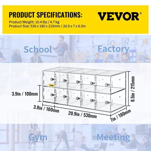 Alt view image 3 of 7 - Cell Phone Storage Locker, 10 Slots Acrylic Material with Door Locks and Keys, Wall-Mounted Cabinet Pocket Office Classroom Gym Box, Clear