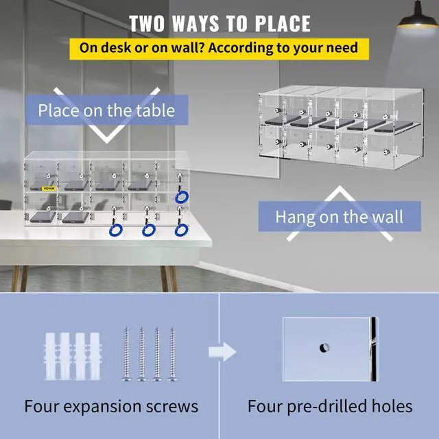 Alt view image 7 of 7 - Cell Phone Storage Locker, 10 Slots Acrylic Material with Door Locks and Keys, Wall-Mounted Cabinet Pocket Office Classroom Gym Box, Clear