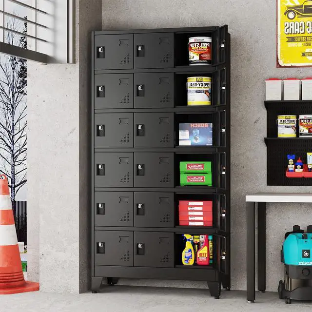 Alt view image 2 of 7 - Metal Lockers for Employees, 18 Doors Metal Storage Locker | with Card Slot and Ventilation Holes, Steel Employee lockers for Home Office School Gym Garage, Requires Installation
