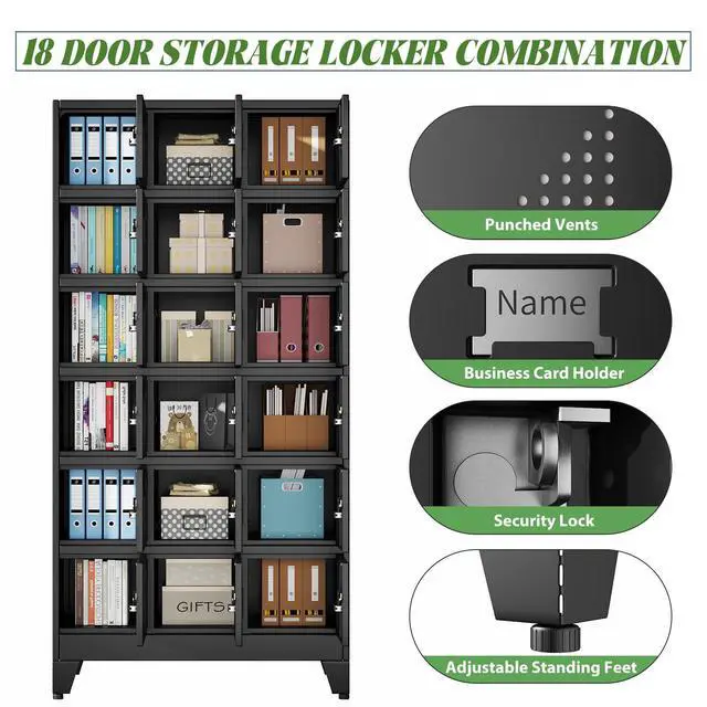Alt view image 4 of 7 - Metal Lockers for Employees, 18 Doors Metal Storage Locker | with Card Slot and Ventilation Holes, Steel Employee lockers for Home Office School Gym Garage, Requires Installation