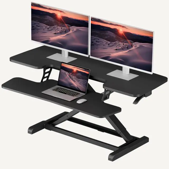 Main image of 42" Extra Large Standing Desk Converter, Height Adjustable Sit Stand Riser with Wide Keyboard Tray, Dual Monitor Workstation for Home Office, Ergonomic Desktop Riser, Black