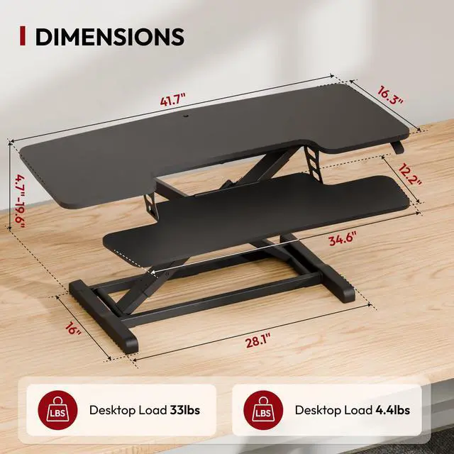 Alt view image 2 of 7 - 42" Extra Large Standing Desk Converter, Height Adjustable Sit Stand Riser with Wide Keyboard Tray, Dual Monitor Workstation for Home Office, Ergonomic Desktop Riser, Black