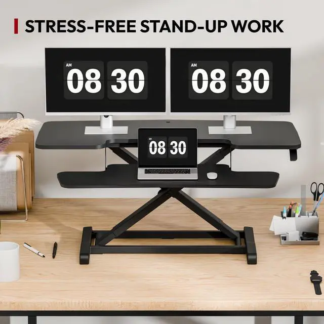 Alt view image 3 of 7 - 42" Extra Large Standing Desk Converter, Height Adjustable Sit Stand Riser with Wide Keyboard Tray, Dual Monitor Workstation for Home Office, Ergonomic Desktop Riser, Black