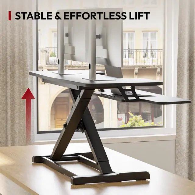 Alt view image 6 of 7 - 42" Extra Large Standing Desk Converter, Height Adjustable Sit Stand Riser with Wide Keyboard Tray, Dual Monitor Workstation for Home Office, Ergonomic Desktop Riser, Black