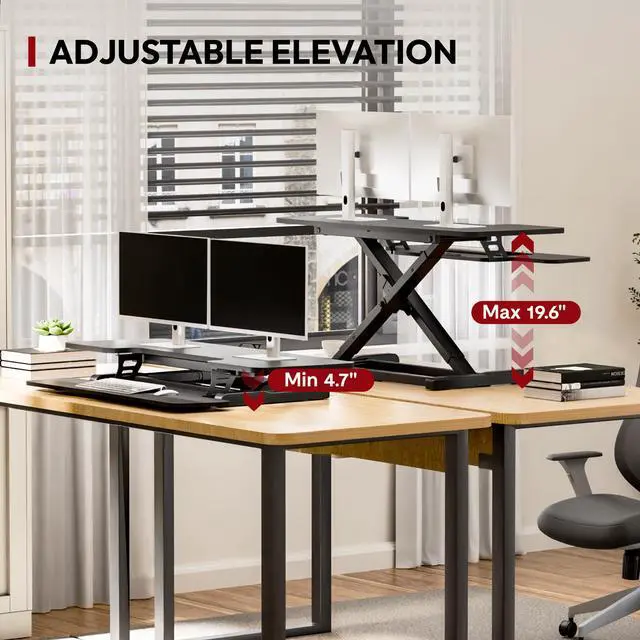 Alt view image 5 of 7 - 42" Extra Large Standing Desk Converter, Height Adjustable Sit Stand Riser with Wide Keyboard Tray, Dual Monitor Workstation for Home Office, Ergonomic Desktop Riser, Black