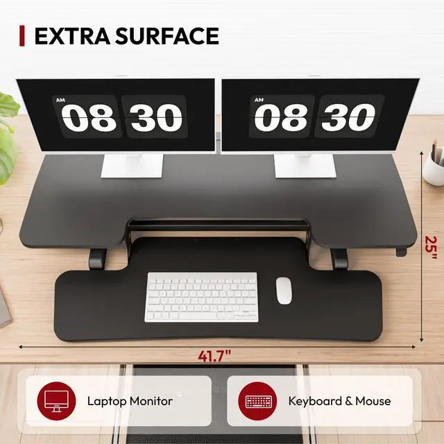 Alt view image 7 of 7 - 42" Extra Large Standing Desk Converter, Height Adjustable Sit Stand Riser with Wide Keyboard Tray, Dual Monitor Workstation for Home Office, Ergonomic Desktop Riser, Black