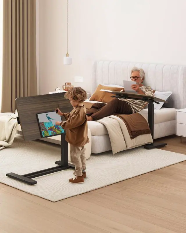 Alt view image 2 of 7 - H7 PRO 90° Tiltable Mobile Overbed Table with Pneumatic Lift,32'' | Foldable bedside table with adjustable desktop for laptop, Rolling Computer Cart and bed sofa.31.5" W x 17.7" D,Rustic Brown