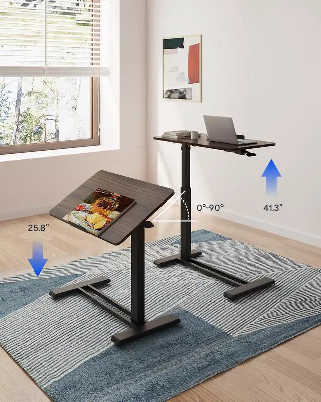 Alt view image 4 of 7 - H7 PRO 90° Tiltable Mobile Overbed Table with Pneumatic Lift,32'' | Foldable bedside table with adjustable desktop for laptop, Rolling Computer Cart and bed sofa.31.5" W x 17.7" D,Rustic Brown