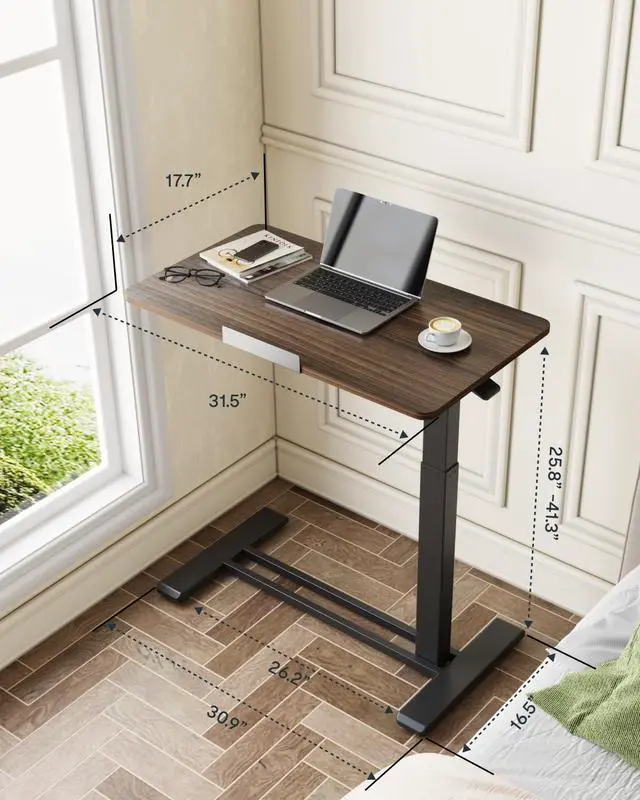 Alt view image 5 of 7 - H7 PRO 90° Tiltable Mobile Overbed Table with Pneumatic Lift,32'' | Foldable bedside table with adjustable desktop for laptop, Rolling Computer Cart and bed sofa.31.5" W x 17.7" D,Rustic Brown