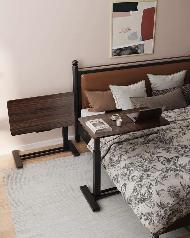 Alt view image 3 of 7 - H7 PRO 90° Tiltable Mobile Overbed Table with Pneumatic Lift,32'' | Foldable bedside table with adjustable desktop for laptop, Rolling Computer Cart and bed sofa.31.5" W x 17.7" D,Rustic Brown