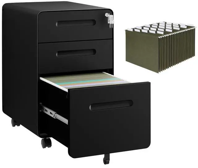 Main image of 3 Drawer Mobile File Cabinet with Lock, 4 Keys and 25 Letter File Folders | Heavy-Duty Steel Rolling Filing Cabinet Pre-Assembled Under Desk for Home Office Letters/Legal/A4 Hanging File Folders
