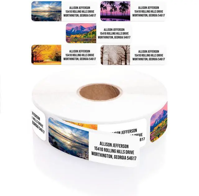 Main image of Scenic Landscape Rolled Address Labels / 250 Personalized Return Address Labels/Designer Address Stickers in Elegant Plastic Dispenser